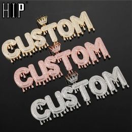 Pendant Necklaces Hip Hop Custom Name Cubic Zircon Crown Drip Iced Out Bubble Letters Chain Pendants For Men Jewellery With Tennis 231201