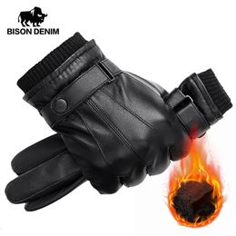 Sports Gloves BISON DENIM Men Genuine Sheepskin Leather Autumn Winter Warm Touch Screen Full Finger Black High Quality S019 231202