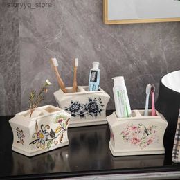 Toothbrush Holders Nordic Ceramic Toothbrush Holder Washroom Desktop Flower Pattern Toothbrushs Box Dressing Table Creative Makeup Brush Organizer Q231202