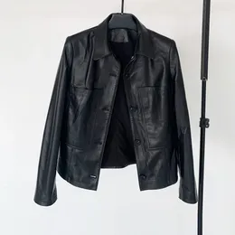 Women's Leather 2023 Spring Product Short Jacket Female Sheepskin Motorcycle Square Collar Was Versatile