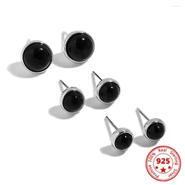 Stud Earrings Real 925 Sterling Silver Black Agate Ear Geometric Round For Women Charm Jewelry Holiday Gifts