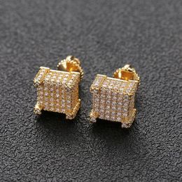 New Gold Silver Color Iced Out CZ Stone Square Stud Earring Hip Hop Rock Jewelry Earrings2948