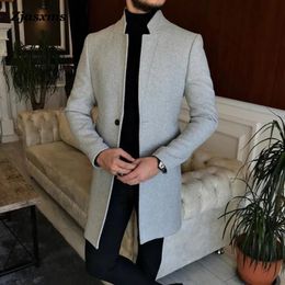 Men's Wool Blends Men Stand Collar MidLength Jacket Autumn Winter Long Sleeve Outerwear Coat Daily Male Top Man Casual Single Button Overcoat 231201
