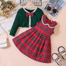 Clothing Sets Girls' Autumn and Winter Pit Striped Cardigan Plaid Tank Top Skirt Set for Primary and Secondary School Children 231202