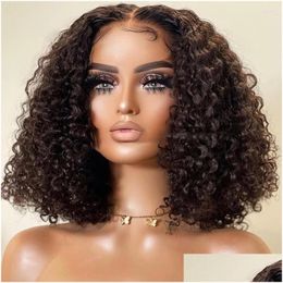 Synthetic Wigs 360 150% Short Bob Curly Human Hair For Black Women Brazilian Remy 13X1 T Part Water Deep Wave Lace Frontal Wig With Ba Dh2Pb