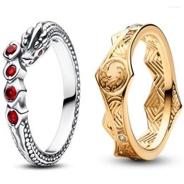 Cluster Rings Authentic 925 Sterling Silver Sparkling Gold Dragon With Red Crystal Ring For Women Gift Fashion Jewellery