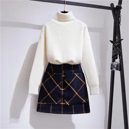 Work Dresses VERHELLEN 2023 Autumn Winter Women Turtleneck Knitted Pullover Sweaters Geometric Wool Mini Skirt Sets 2 Piece Clothing Set