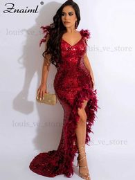 Urban Sexy Dresses Znaiml Elegant Party Guest Backless Side High Split Long Dress Women Sexy Sequins Feathers Mermaid Evening Dresses Red Vestidos T231202