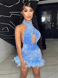 Urban Sexy Dresses Znaiml Sexy Nightclub Halter Backless Hollow Out Feathers Cocktail Party Dresses Women Glitter Sequins Birthday Blue Short Robe T231202