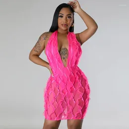 Casual Dresses Sexy Wave Striped Mesh See Through Party Woman Night Club Halter Backless Deep V-neck Sleeveless Bodycon Mini Dress