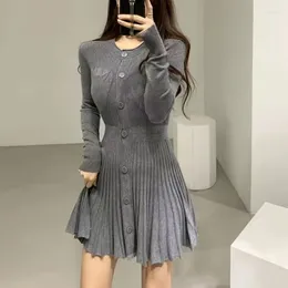 Casual Dresses 2023 Solid Single-Breasted Pleated Women Vintage Waist Knitted Mini Dress Ladies Autumn Winter Sexy Slim Sweater