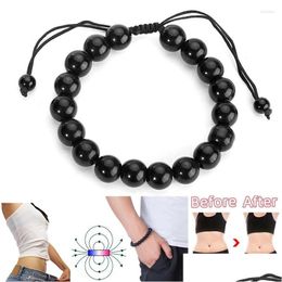 Chain Link Bracelets 1 Pc Black Obsidian Stone Beads Bracelet Adjustable Men Women Therapy Anklet Ball Jewellery Valentines Present Drop Dh0Tg