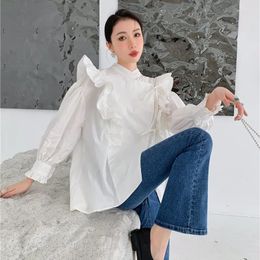 Women's Blouses French White Shirt Autumn Design Sense Vintage Wood Ear Ruffle Lace Up Unique Fashion