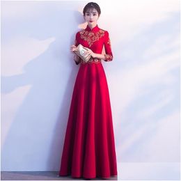 Ethnic Clothing Red Embroidery Chinese Evening Dress Long Bride Qipao Oriental Style Party Dresses Bridesmaid Robe Ceremonie Fille Gow Dhivp