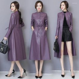 Women's Trench Coats Purple Leather Coat Women Autumn And Winter Genuine Clothes Mid-Length Over-the-Knee Windbreak Overcoat