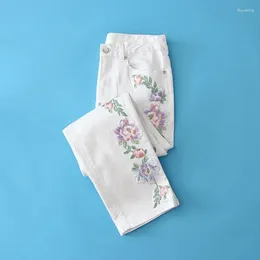 Women's Jeans 2023 Retro Style Embroidered Flower Spring Summer Ankle-Length Pants White Straight Casual Denim