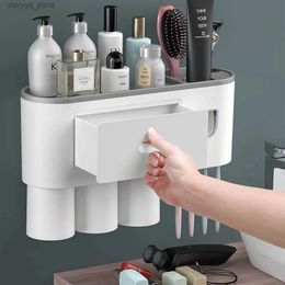 Toothbrush Holders 3 Cups Toothbrush Holder Toothpaste Dispenser With Cup Wall Mount Toiletries Storage Rack Bathroom Accessories Set Q231202