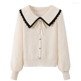 Women's Sweaters Spring And Autumn 2024 Doll Neck Chiffon Shirt Simple Lantern Sleeve Gentle Patchwork Knitted Top