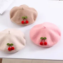 Hats Children's Adult Cherry Beret Autumn And Winter Warm Girl Pure Color Cute Japanese Handmade Fashion Parent-child Painter Hat