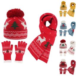 Scarves Christmas Women Winter Woollen Hat Scarf Glove Three-Piece Thicken Mesh Plaid Elastic Bonnet Mittens Long Scarf Outdoor 231201