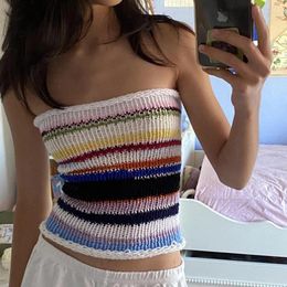 Women's Tanks Maemukilabe Y2K Fairy Grunge Knitted Crop Tops Vintage Striped Slim Fit Mini Vest Chest Wrap Strapless Camis Backless Tube