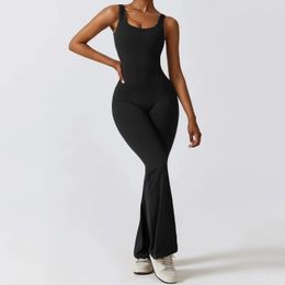 Women's Jumpsuits Rompers Women's Sports Style Hollow Back Bodysuit Yoga Jumpsuit with Chest Pad Honey Peach Hip Flare Pants Autumn Sports Style 831 231202