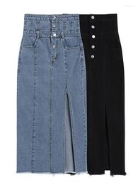 Skirts 2023 Retro Korean Style Bandage Long Denim High Waist Button Pockets Split Vintage Hippie Jeans Straight