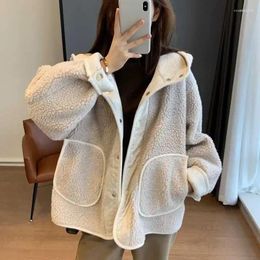 Women's Trench Coats Women Lamb Wool Jacket Winter Korean Style Loose Thick Blends Lady Casual Single-breasted Hooded Jackets