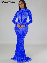 Casual Dresses Kricesseen Sexy Blue Rhinestones Mesh Patchwork Sheer Maxi Dress Women Long Sleeve See-Through Crystal Night Clubwear