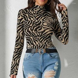 Women's Blouses Half High Collar Slim Fit Long Sleeve Shirt 2023 Autumn Vintage Zebra Printed Women Blouse Casual Simple Tops Blusas Mujer