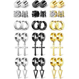 Stud 15 Pairs Magnetic Fake Earrings Stainless Steel Cross Dangle Hoop Non-piercing Unisex Clip On Earring307C