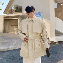 Men's Trench Coats Detachable Sleeve Drawstring Korean Style Vintage Washed Leather Coat Cloak Windbreaker Man Long Jacket Outerwear