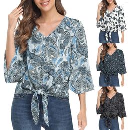 Women's Blouses Floral Print Vintage Shirt Women Button V Neck Three Quarter Sleeve Flared Bow Tie Casual Loose Summer Top Blusas