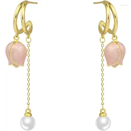 Dangle Earrings Arrivals Pink Tulip Tassel Pearl For Women Korean Elegant Flower Wedding Jewellery Valentines Day Gift
