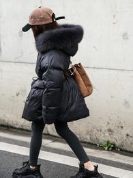 Down Coat Winter Girls Down Jacket Real Fox Fur Children Slim Coat Thicken Warm Kids Outfit Teenage Black Long Parkas XMP198 231202