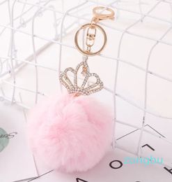 Keychains Crown Shape Cute Genuine Fur Ball Plush Keychain Car Key Chain For Women Bag Pendant