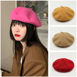 Berets Fashion Winter Beret Caps for Women Solid Colour Wool Painter Hat Autumn Warm Female Lady Casual Outdoor Pumpkin 231201