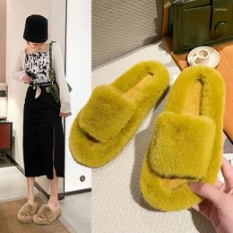 Slippers Flat With Winter For Women 2024 Solid Cow Suede Ladies Shoes Short Plush Rubber Women's Zapatos