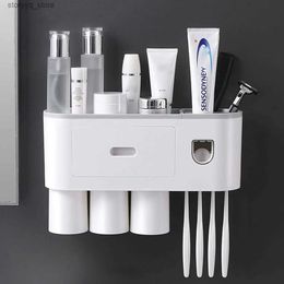 Toothbrush Holders 3 Cups Toothbrush Holder Toothpaste Dispenser With Cup Wall Mount Toiletries Storage Rack Bathroom Accessories Set Q231203