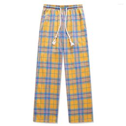 Men's Pants Elastic Waist Yellow Plaid Men Straight Harajuku Cotton