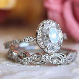 Unique Vintage Jewellery 925 Sterling Silver Oval Cut White Topaz CZ Diamond Gemstones Couple Ring Women Wedding Flower Bridal Ring 220D