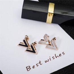 YUN RUO Brand 316L Stainless Steel Rose Gold Colour White Black Shell V Shape Stud Earring Woman Jewellery Prevent Allergy and Fade192d