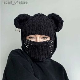 Beanie/Skull Caps 2023 Novelty Bear Ear Balaclava Beanies Chain Outdoor Ski Winter Hat for Women Ear Protection Knitted HatL231202