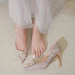 Dress Shoes Elegant Pearl Buckle Wedding Women Pointed Toe High Heels Party Woman Bling Stiletto Heeled Pumps Zapato De Mujer