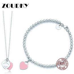 DORAPANG Heart Shaped Bracelet & Necklace 100% 925 Sterling Silver Pink Pendant Simple Design For Women Elegant Gift Jewelry2973