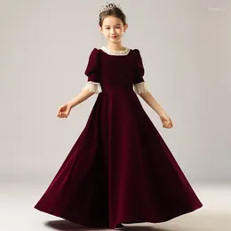 Girl Dresses Burgundy Elegant Flower Dress Pageant Formal Evening Princess Bow Birthday Velvet Concert Junior Bridesmaid Gown