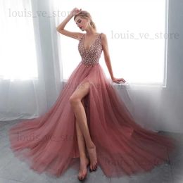 Urban Sexy Dresses Sale Pink Embroidered Sequins Sexy Sleeveless Deep V Maxi High Slit Evening Wedding Cami Dresses For Women T231202