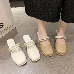 Slippers 2023 Summer Sandals Women Fashion Slip On Flat Mules Shoes Korean Cute Outdoor Pearl Half Baotou Square Toe Sandalias