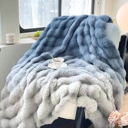 Blankets Gradient Blue And Grey Colourful Winter Warm Luxury Faux Hair Blanket Throw Sofa Cover Leisure