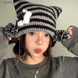 Beanie/Skull Caps Y2K Cute Star Devil Knitted Beanie Hat Ins Skullies Striped Knitting Wool C Autumn Winter Cat Ears Pointed Pulr Women HatsL231202